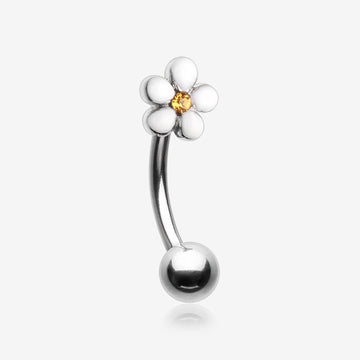 Adorable Plumeria Flower Curved Barbell Ring-White/Yellow